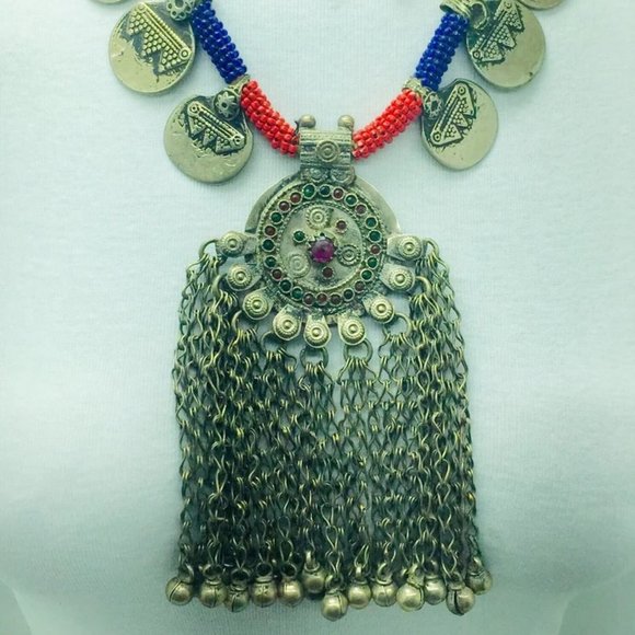 Vintage Coins Necklace With Dangling Pendant,Tribal Beaded Pendant Necklace - Picture 2 of 7